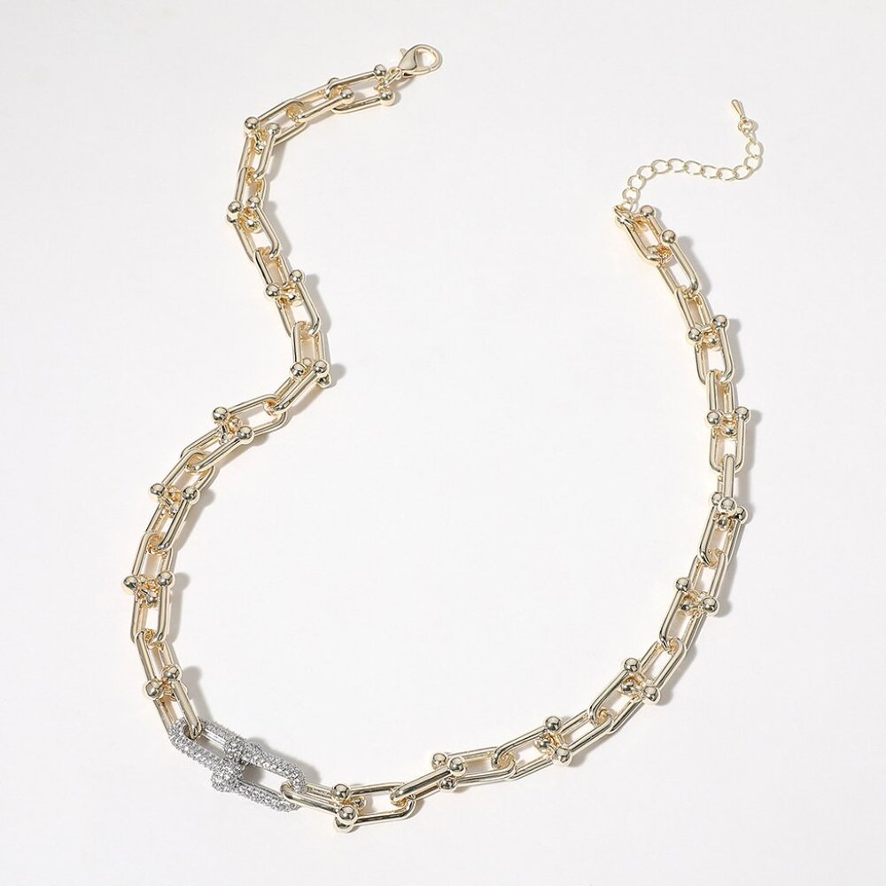 BACK IN STOCK! 14K Gold Plated CZ Two-Tone Stone Paved Hardware Chain Necklace - Picture 2 of 2